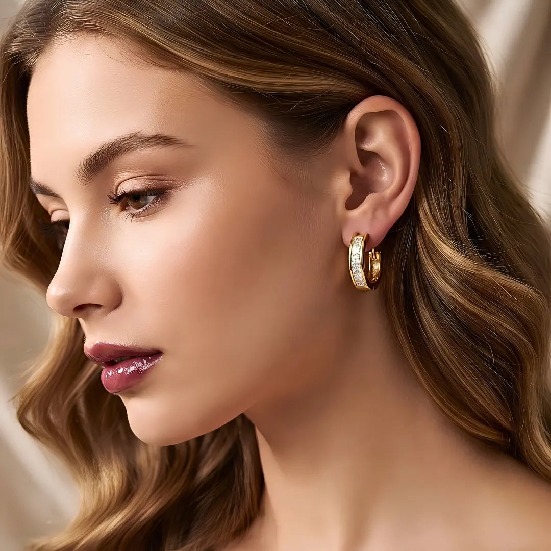 18K Gold Filled Baguette Crystal Huggie Hoop Earrings – 15mm x 15mm Polished Geometric Click-Lock Earrings for Women